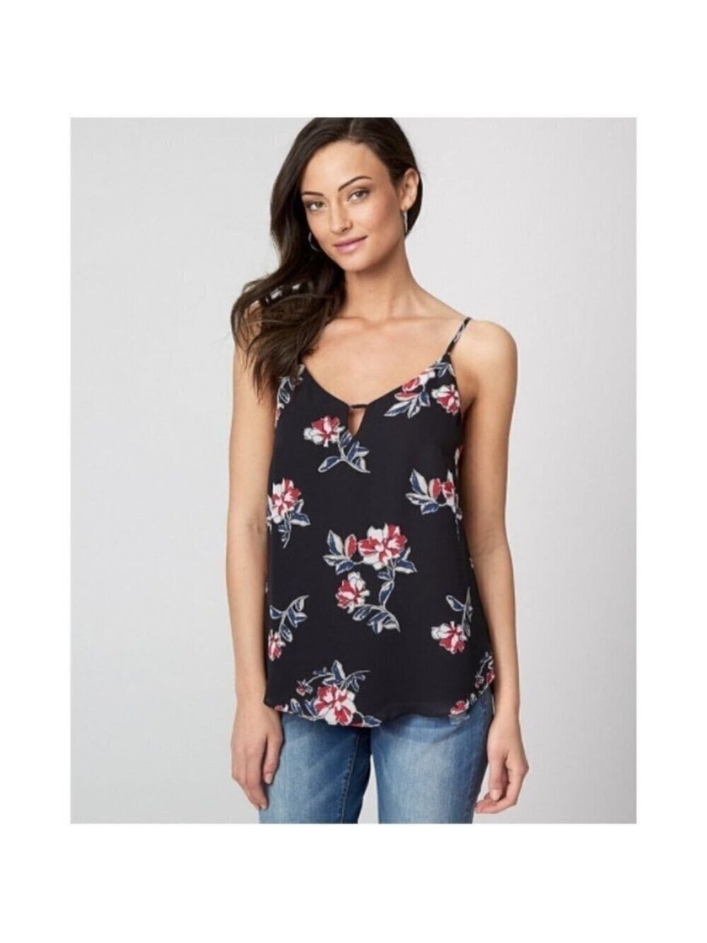 Women Le Chateau Floral Print Chiffon Scoop Neck Black / Red Camisole Si…